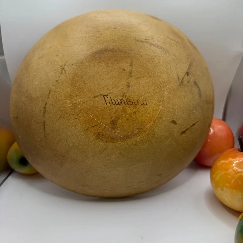 Wooden‎ Dough Bowl with Alabaster Stone Fruit Still Life Farmhouse Decor